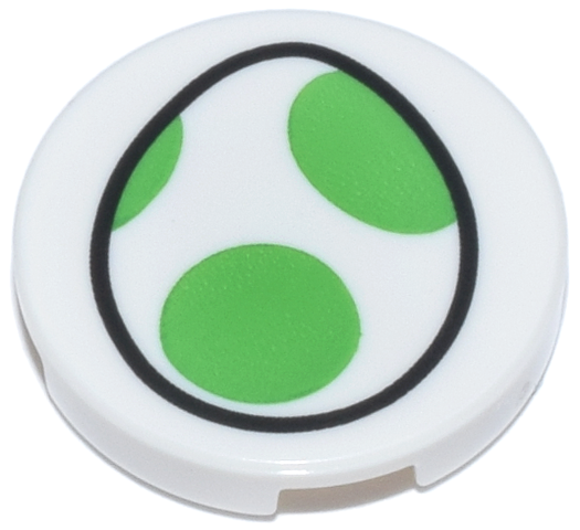 Lego Tile, Round 2 x 2 with Bottom Stud Holder with Egg with Bright Green Spots Pattern (Super Mario Yoshi Logo)