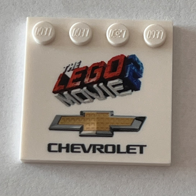 Lego Plate Special 4 x 4, Studs on One Edge with 'THE LEGO MOVIE 2' and 'CHEVROLET' Logos Print
