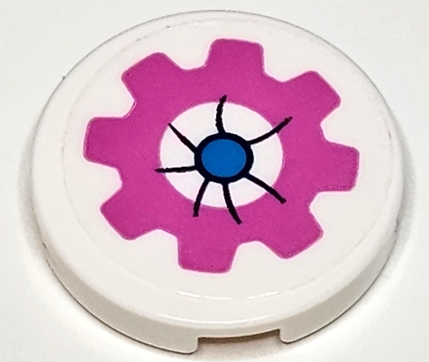 Lego Tile, Round 2 x 2 with Bottom Stud Holder with Cushion with Dark Pink Gear, Dark Azure Button and Black Creases Pattern (Sticker) - Set 41402 / White