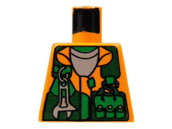 Lego Torso Rock Raiders Shirt, Green Vest, Wrench and Pockets Pattern (Sparks) / Orange