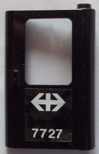 Lego Door 1 x 4 x 5 Train Right, Thin Support at Bottom with White Double Arrow (Swiss Federal Railways) and '7727' Pattern (Sticker) - Set 7727