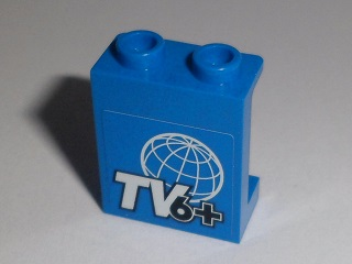Lego Panel 1 x 2 x 2 with Side Supports - Hollow Studs with 'TV6+' and White Wire Frame Globe Pattern (Sticker) - Set 60097 / Blue