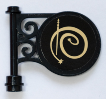 Lego Road Sign Round on Pole with Flat Top Attachment with Gold Ollivanders Logo, Wand and Spiral Letter O Pattern on Both Sides (Stickers) - Set 75978 / Black