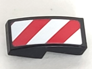 Lego Slope, Curved 2 x 1 x 2/3 with Red and White Danger Stripes (Red and White Corners) Pattern Model Right Side (Sticker) - Sets 60081 / 60083 / 60107 / Black