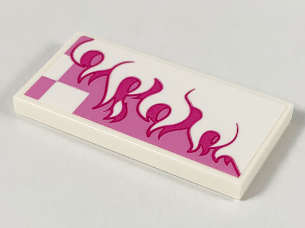 Lego Tile 2 x 4 with White and Magenta Flames over Dark Pink Checkered Background Pattern Model Right Side (Sticker) - Set 80009