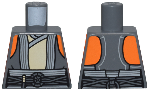 Lego Torso SW Vest Open with Light Bluish Gray Trim over Tan Tunic, Belt with Cords and Ring, Orange Shoulders Pattern / Dark Bluish Gray