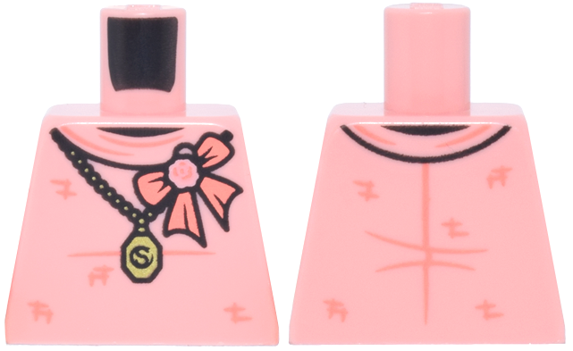 Lego Torso Blouse with Coral Crosshatch and Bow with Flower, Black and Gold Chain and Locket with Letter S Pattern