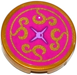 Lego Tile, Round 2 x 2 with Bottom Stud Holder with Magenta Cushion with Medium Lavender Button and Gold Swirls Pattern (Sticker) - Set 41061
