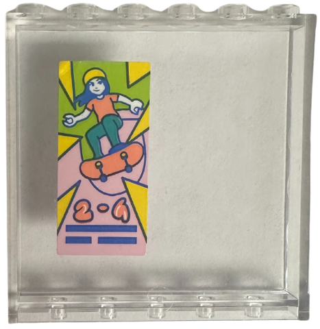 Lego Panel 1 x 6 x 5 with Girl on Coral Skateboard, '2-4', Yellow Triangles and Bright Pink Skate Ramp Pattern (Sticker) - Set 41751 / Trans-Clear