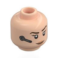 Lego Minifig Head Maria Hill, Eyelashes and Red Lips, Smile with Earpiece / Scuffed Grimace with Earpiece / Light Nougat