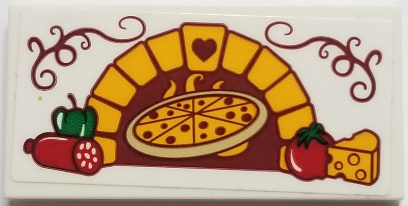 Lego Tile 2 x 4 with Brick Oven with Heart, Pizza, Bell Pepper, Pepperoni, Tomato, and Cheese Pattern (Sticker) - Set 41311 / White