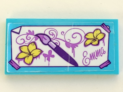 Lego Tile 2 x 4 with Dark Purple Paint Brush, Bright Light Yellow Flowers, Medium Lavender Script 'Emma' Pattern (Sticker) - Set 41332