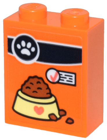 Lego Brick 1 x 2 x 2 with Inside Stud Holder with Pet Food Box with Paw Label, Bowl, and Check Mark Pattern (Sticker) - Set 42615