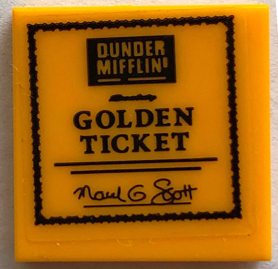 Lego Tile 2 x 2 with Black 'DUNDER MIFFLIN' and 'GOLDEN TICKET' Pattern (Sticker) - Set 21336