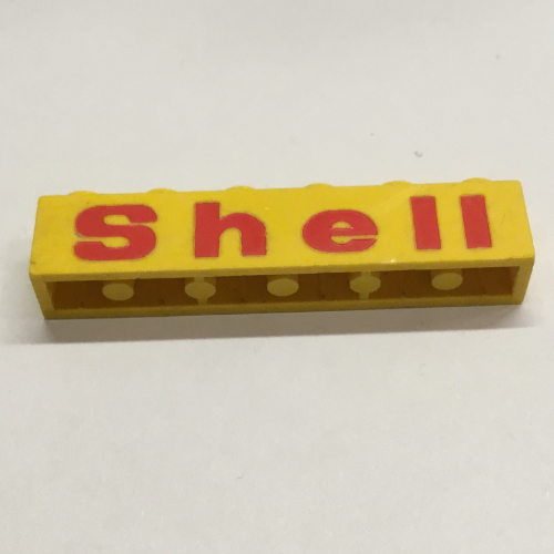 Lego Brick 1 x 6 with Bottom Tubes and 2 Lowered Cross Supports with 'Shell' Rounded 'e', Red Print / Yellow