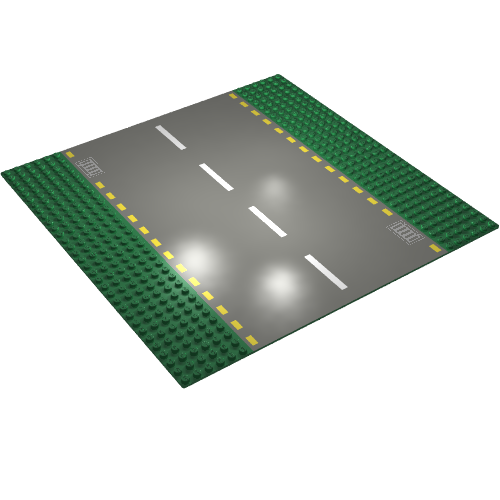 Lego Baseplate 32 x 32 with 6-Stud Straight with Dark Gray Road, Yellow Dashed Lines and Storm Drains Print / Green