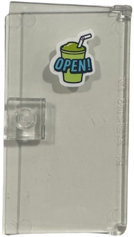 Lego Door 1 x 4 x 6 with Stud Handle with Lime Slushy with Medium Azure 'OPEN!' Sign Pattern (Sticker) - Set 42674 / Trans-Clear