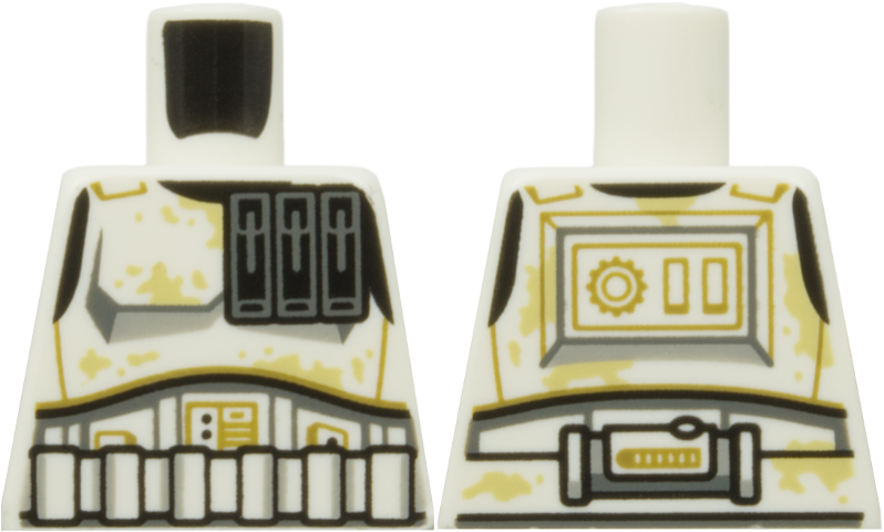 Lego Torso SW Armor Stormtrooper with Black Ammo Pouch, Dark Tan Lines, Dark Bluish Gray and Light Bluish Gray Markings, Tan Dirt Stains Pattern / White