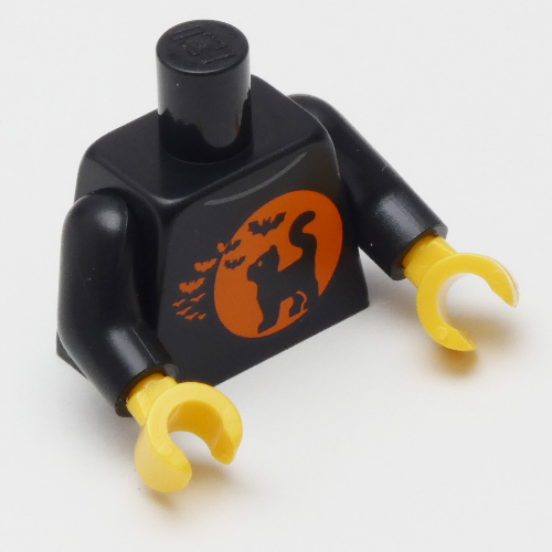 Lego Torso Halloween Shirt with Orange Circle, Black Cat, Bats Print, Black Arms, Yellow Hands / Black