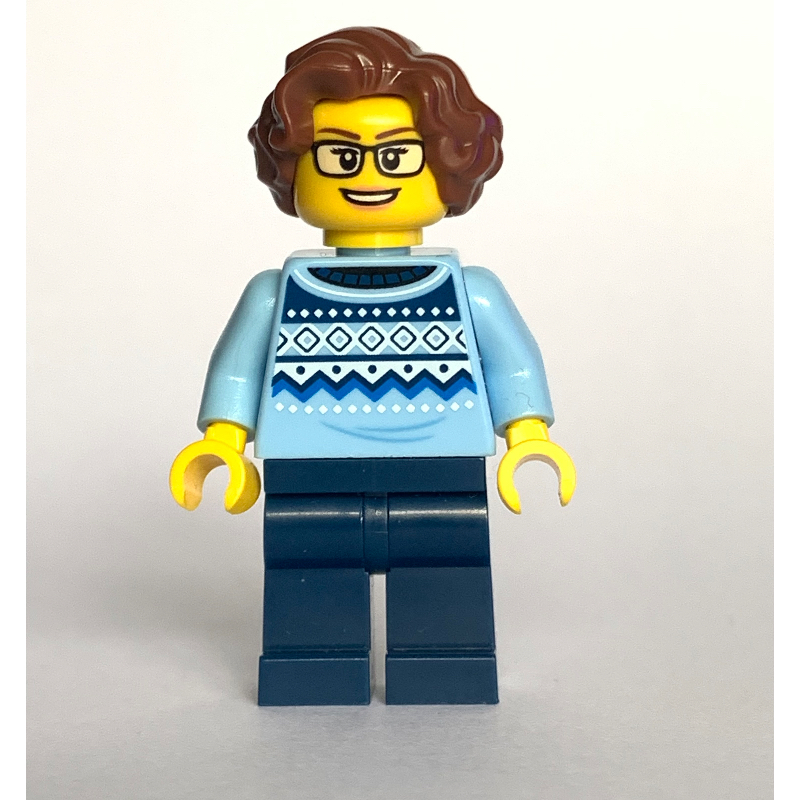 Lego Woman, Bright Light Blue Torso, Dark Blue Legs, Reddish Brown Hair