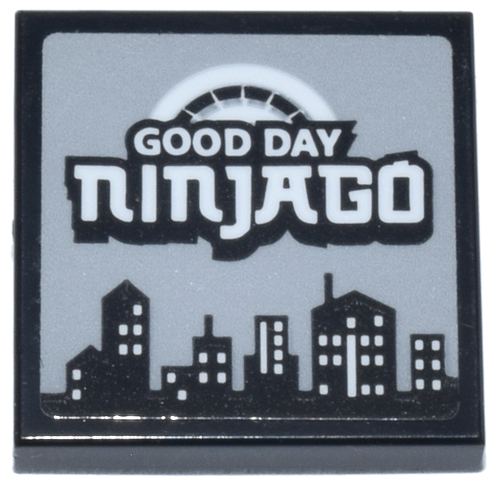 Lego Tile 2 x 2 with White 'GOOD DAY NINJAGO' and City Skyline on Light Bluish Gray Background Pattern (Sticker) - Set 70657