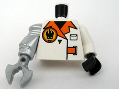 Lego Torso Agents Villain Jacket with Orange Lapels and Buckle Pattern / White Arm Left / Metallic Silver Mech Arm Right / Black Hand Left / Pearl Light Gray Claw Right