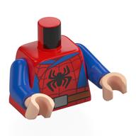 Lego Torso, Spider-Man Suit, Black Spider, Blue Sides, Reddish Brown Belt, Silver Belt Buckle Print, Blue Arms, Light Nougat Hands / Red