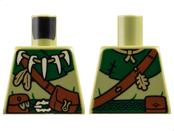 Lego Torso Coat, Dark Green Collar, Reddish Brown Shoulder Belt and Pouches, Tan Bone Buckle, Tooth Necklace Pattern / Olive Green