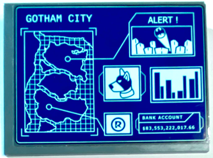 Lego Slope 10 6 x 8 with Display Screen with Map, 'GOTHAM CITY', 'ALERT!', 'BANK ACCOUNT' and '$83,553,222,017.66' on Blue Background Pattern (Sticker) - Set 76122 / Dark Bluish Gray