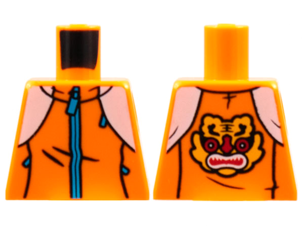 Lego Torso Jacket, White Shoulders, Dark Azure Zippers, Bright Light Orange Tiger on Back Pattern / Orange