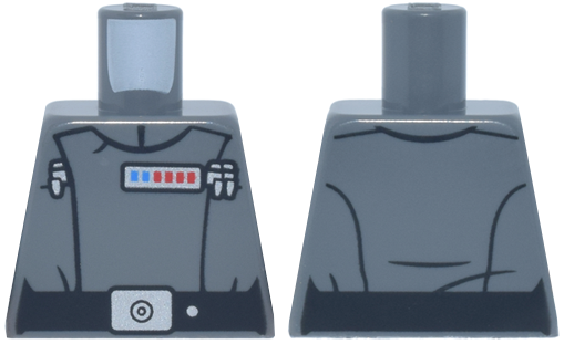 Lego Torso SW Imperial Officer 22, Black Belt with Silver Buckle and Dot, Blue and Red Rank Badge, 3 Code Cylinders Pattern (Admiral Motti) / Dark Bluish Gray