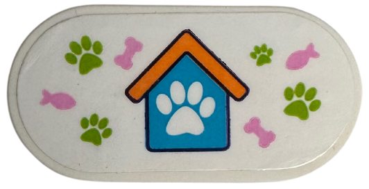 Lego Tile, Round 2 x 4 Oval with Medium Azure and Orange Pet House, Lime Paw Prints and Bright Pink Bones and Fish Pattern (Sticker) - Set 41718 / White