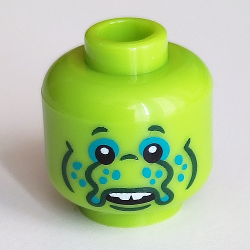 Lego Minifig Head Alien, Dark Turquoise Eyeshadow, Spots, Dark Green Tentacles for Nose, Lines Print / Lime