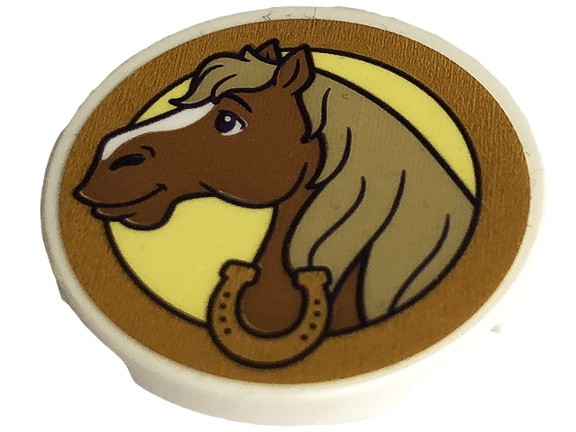 Lego Tile, Round 3 x 3 with Medium Nougat Horse, Gold Horseshoe and Frame on Bright Light Yellow Background Pattern (Sticker) - Set 43195
