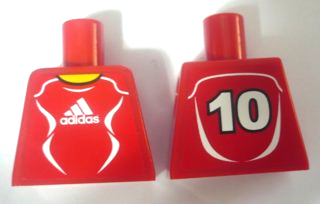 Lego Torso Soccer Uniform Red Shirt with White Adidas Logo, Curved Lines and Number 10 on Back, Yellow Neck Pattern (Stickers) / Red