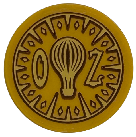 Lego Tile, Round 3 x 3 with Dark Brown and Gold 'OZ' and Hot Air Balloon with Mechanical Border Pattern (Sticker) - Set 75691 / Pearl Gold