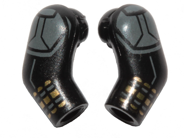 Lego Arm, (Matching Left and Right) Pair with Gray Shoulder Armor, Gray and Gold Stripes Pattern / Black