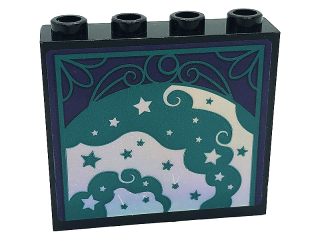 Lego Panel 1 x 4 x 3 with Side Supports - Hollow Studs with Dark Turquoise and Silver Stars and Swirls on Dark Purple Background Pattern 1 (Sticker) - Set 41685 / Black