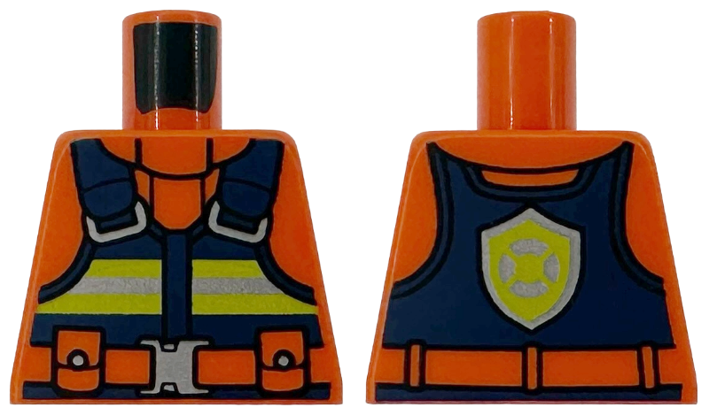 Lego Torso Jacket, Dark Blue Safety Vest with Lime and Silver Reflective Stripes, Belt with Buckle, Coast Guard Logo on Back Pattern / Reddish Orange