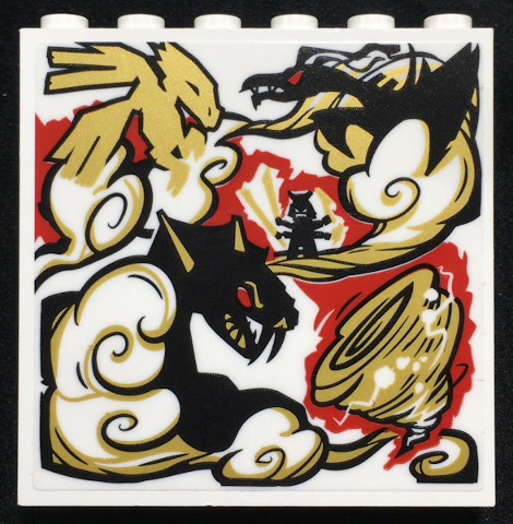 Lego Panel 1 x 6 x 5 with Black, Gold, Red and White Dragon, Ninja Minifigure, Cloud and Tornado Pattern (Sticker) - Set 70670 / White