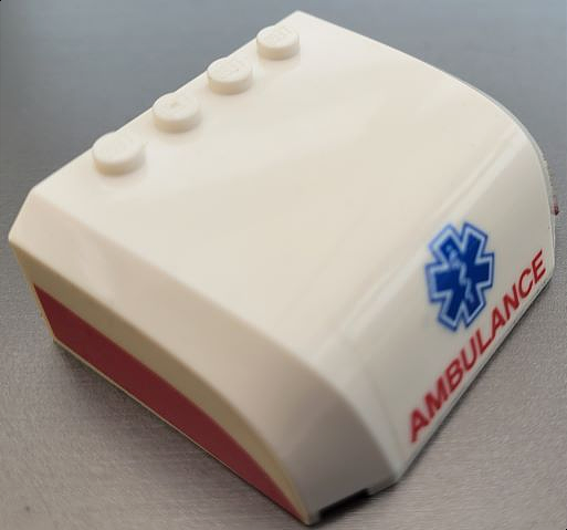 Lego Windscreen 5 x 6 x 2 Curved Top Canopy with 4 Studs with Blue EMT Star of Life and Red 'AMBULANCE' and Stripes Pattern (Stickers) - Set 60204