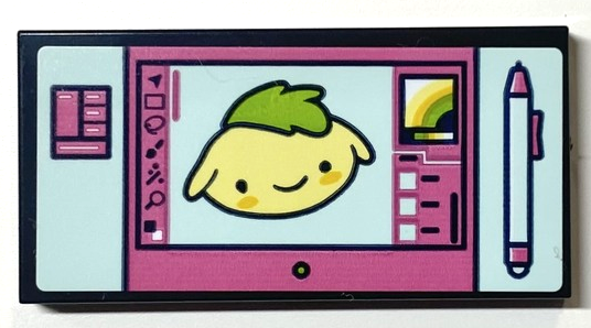 Lego Tile 2 x 4 with Computer Screen, Paint Program with Stylus, Bright Light Yellow Face on Dark Pink and Light Aqua Background Pattern (Sticker) - Set 41704 / Black