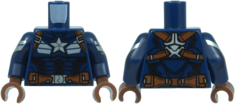 Lego Torso Armor with Silver Star, Stripes, and Buckles, Reddish Brown Straps and Belt, and Black Muscle Highlights Pattern / Dark Blue Arms with Silver Armor, Black Outlines, and Sand Blue SHIELD Logo Pattern / Reddish Brown Hands