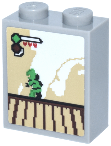 Lego Brick 1 x 2 x 2 with Inside Stud Holder with Arcade Platform Game Screen with Health Bar and Bright Green Ninja Minifigure Pattern (Sticker) - Set 70657 / Light Bluish Gray