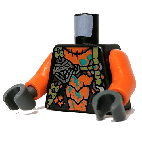 Lego Torso Armor, Skull, Straps, Orange Scales print, Orange Arms, Dark Bluish Gray Hands / Pearl Titanium