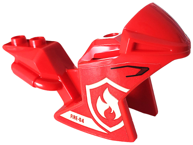 Lego Motorcycle Fairing, Racing (Sport) Bike with 'FIRE-04' and Bright Light Yellow Fire Logo Badge Pattern on Both Sides (Stickers) - Set 77943 / Red