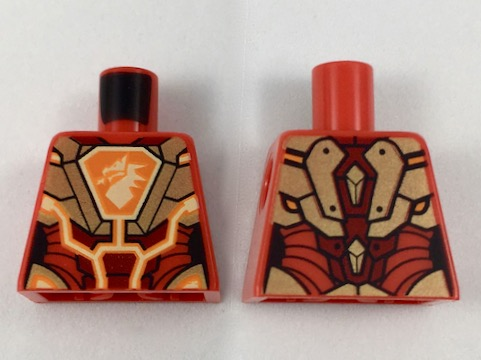 Lego Torso Nexo Knights Female Armor, Orange and Gold Circuitry, Dragon Head on Orange Hexagonal Shield Pattern / Red