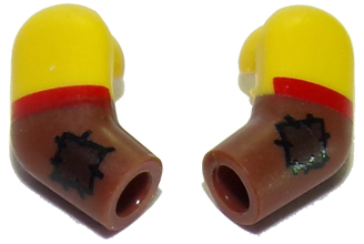 Lego Arm, (Matching Left and Right) Pair with Yellow Short Sleeves, Red Cuffs and Patches Pattern / Reddish Brown