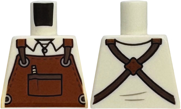 Lego Torso Reddish Brown Apron with Pen in Pocket and Silver Rings over Shirt with Collar and Button, Dark Brown Straps Pattern / White