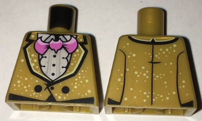 Lego Torso Jacket with White Speckles over Ruffled Shirt, Pink Bat Bow Tie, Two Black Buttons Pattern / Pearl Gold